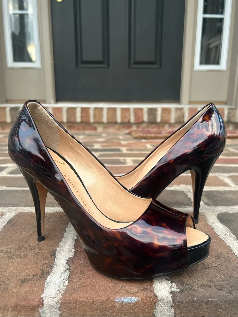 Giuseppe Zanotti Tortoiseshell Patent Leather Peep Toe Stiletto Heels 38 8
